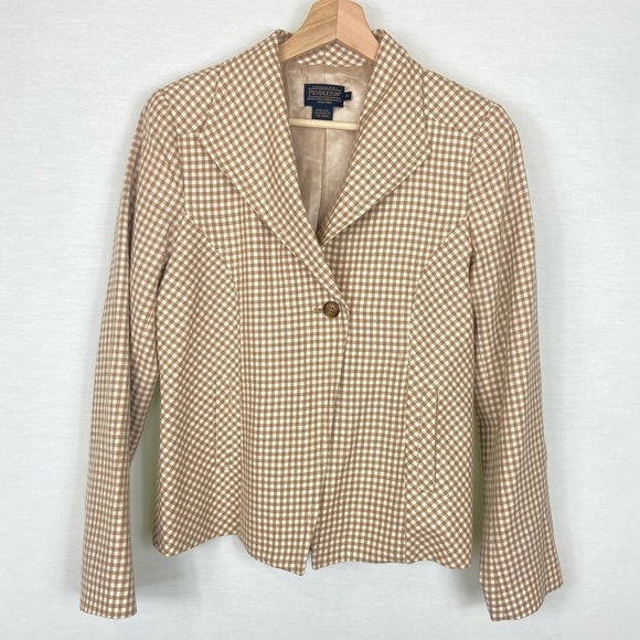 PENDLETON Tan and White Neutral Plaid Checkered Virgin Wool Boxy Blazer - Picture 1 of 10